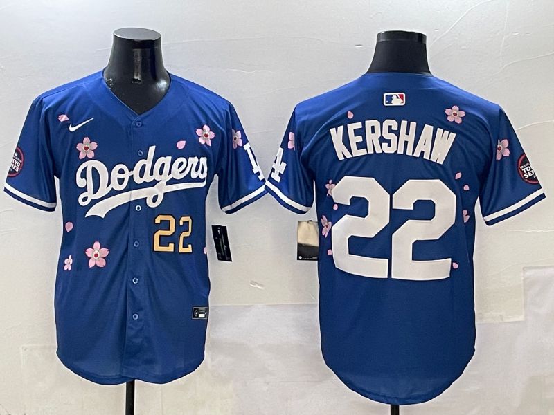 Men Los Angeles Dodgers 22 Kershaw Blue Sakura Edition 2025 Nike MLB Jersey style 3